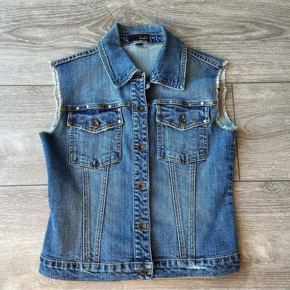 Nitrogen Signature  Studded Embroidery Moto Jean Waistcoat Vest - Picture 4 of 10